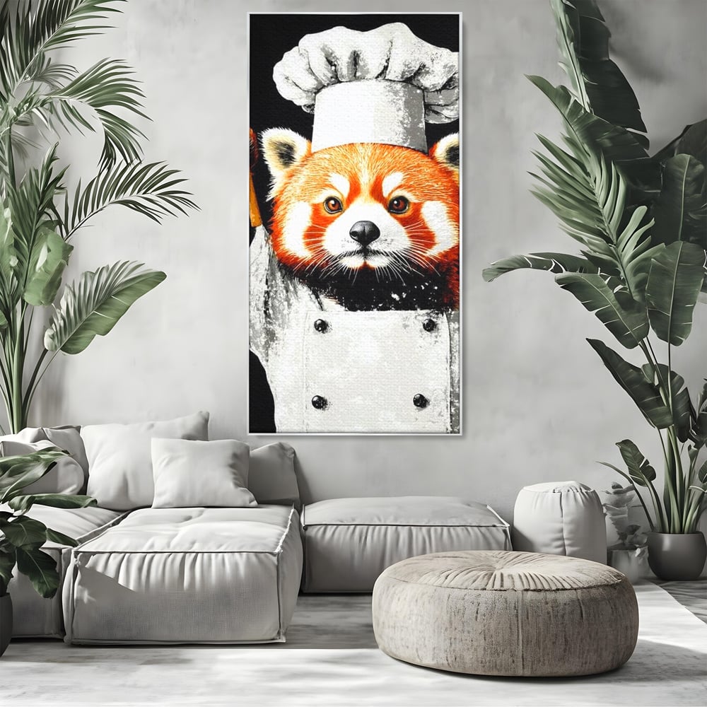 Tablou canvas cu tablou canvas cu panda rosu bucatar, in rama de aluminiu argintiu, pe perete intr-un living